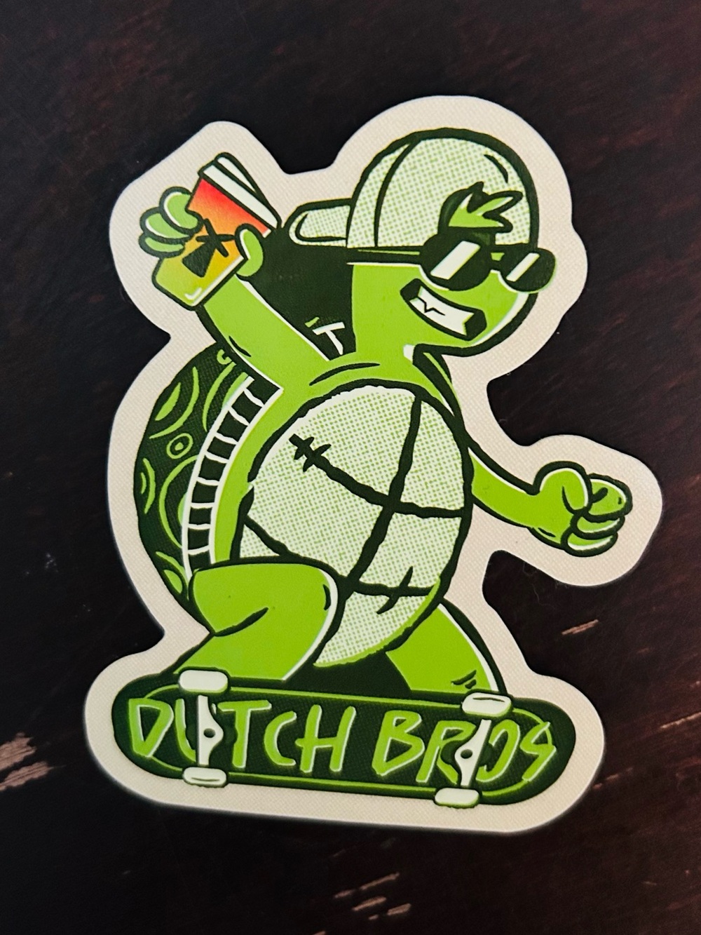 Dutch Bros skateboarding turtle sticker